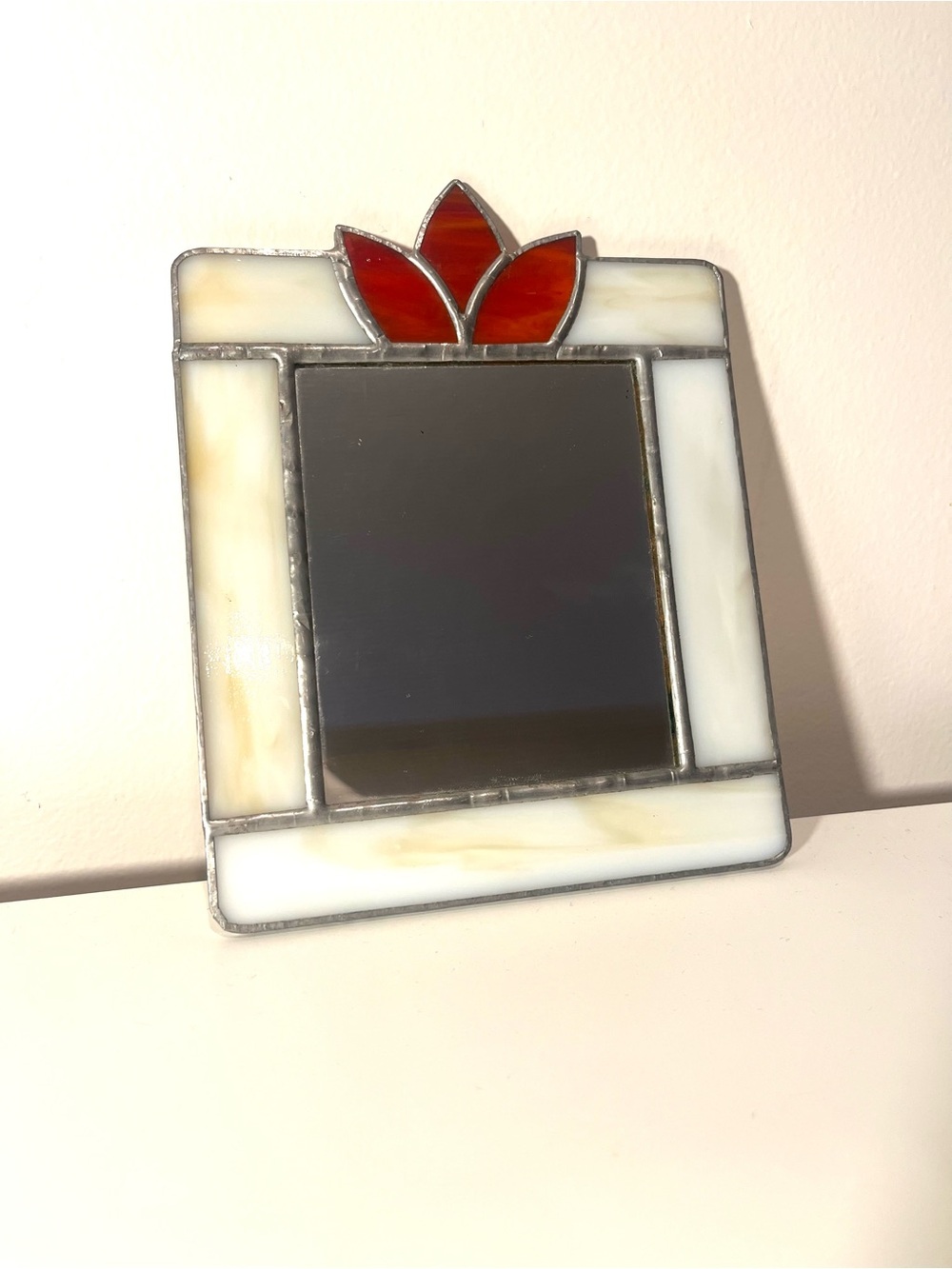 Stained Glass Mirror with Red Floral Accent